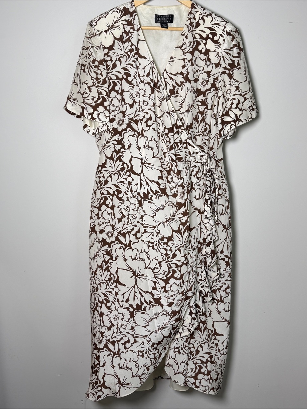 Spenser Jeremy Woman Brown White Floral 100% Silk Wrap Maxi Dress Plus Size 16